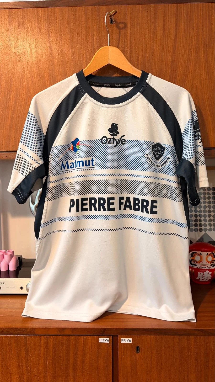 Maillot rugby t-shirt blanc bleu 2XL L 100% coton bio Castres Olympique moulant 2010 vintage ancien